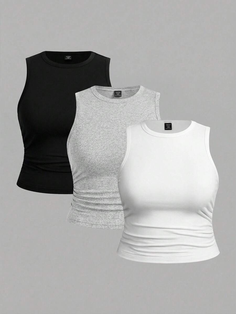 SHEIN EZwear 3件套加大码纯色无袖圆领背心,适合夏季穿着 - 彩色 - 查看 1