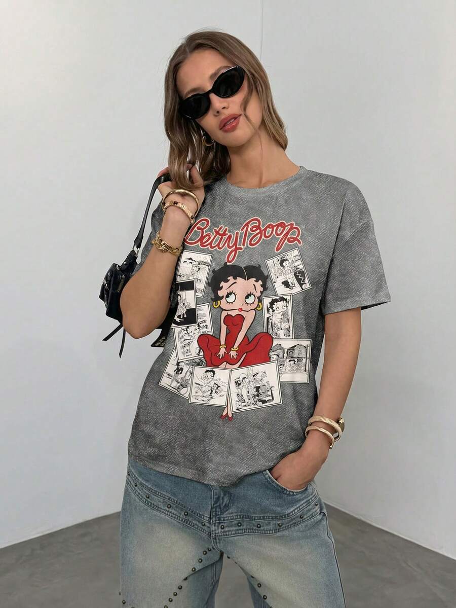Betty Boop x SHEIN 女士休闲字母卡通图案圆领短袖T恤，夏季 - 白色 - 查看 1