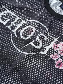 ROMWE MEN Prep Men's Summer Casual Floral & Numeric Print Hollow Out T-Shirt - Black - View 5