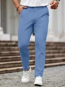 Manfinity Homme Quần dài nam trơn màu, kiểu dáng thường ngày, đa năng. - Màu xanh lam - Xem 6