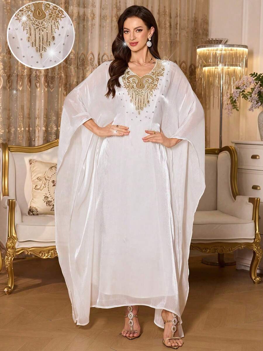 SHEIN Elenzya Women's Elegant Embellished Collar Solid Color Shiny Sequin Dress - White - View 1