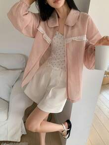 DAZY Women's Turndown Collar Ruffle Trim Lightweight Long Sleeve Jacket, Fresh Korean Style - Baby Pink - View 7
