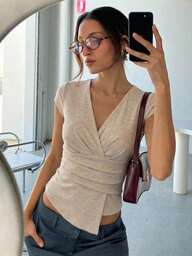 Aloruh Deep V Ruched Short Sleeve Fitted Women T-Shirt, Fashionable Commuter Style Waist Ruched Asymmetric Hem Bell Sleeve V-Neck Ladies Top, Summer Clothing, Elegant Ruched Casual Women Top, Making It Suitable For A Variety Of Occasions, Including Work, Business Casual, Weddings, Valentine's Day Dates, Parties, And Casual Outings. The Champagne Color Is Perfect For The Wedding Season, Spring/Summer Music Festivals, Easter, St. Patrick's Day, Western/Nomadic Styles, Birthday Parties, Graduations, Preppy Looks, School Uniforms, Everyday Wear, Casual Wear, Vacations, Cruise Trips, The Beach, Sunbathing, Best-Selling Items, Streetwear, Bohemian Wedding Guests, Commuting, Brunch, And Airport Fashion.