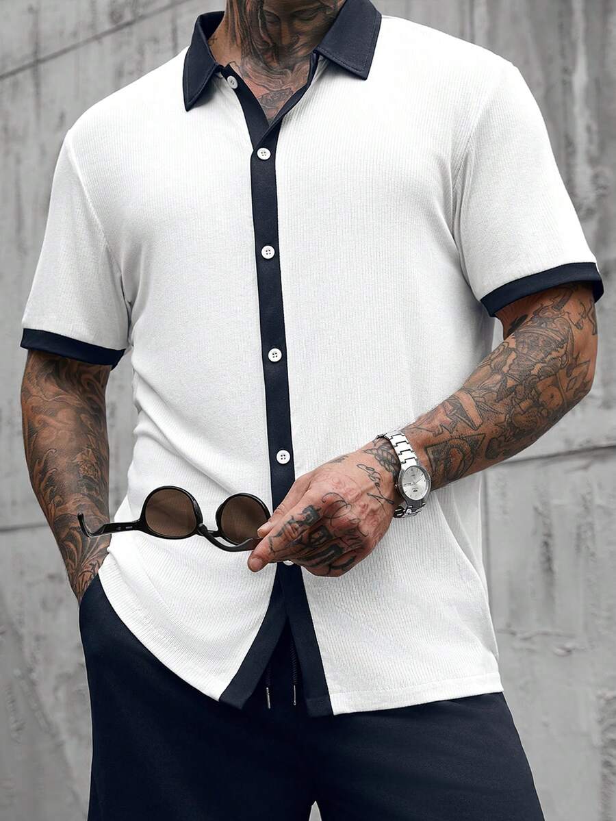 Manfinity CasualCool 男士撞色滚边纽扣短袖衬衫和纯色短裤套装 - 藏蓝色 - 查看 1