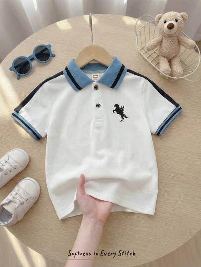 Cozy Pixies 男童卡通马图案 Polo 领短袖半拉链套头衫