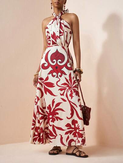 Zivah 2026 Spring/Summer New Music Festival, St. Patrick's Day, Valentine's Day, Date, Western, Nomadic Style, Birthday Party, Graduation, College Style, Student, Daily Casual, Basic Versatile, Leisure, Cruise Travel, Beach, Sunbathing, Viral , Streetwear, Wedding Guest, Boho, Commute, Brunch, Airport, Party, Holiday Outing, Office Wear, Leisure Vacation, Vintage Style, Red Floral Print Vacation Halter Tie Front Ruffle Hem Maxi Dress For Women