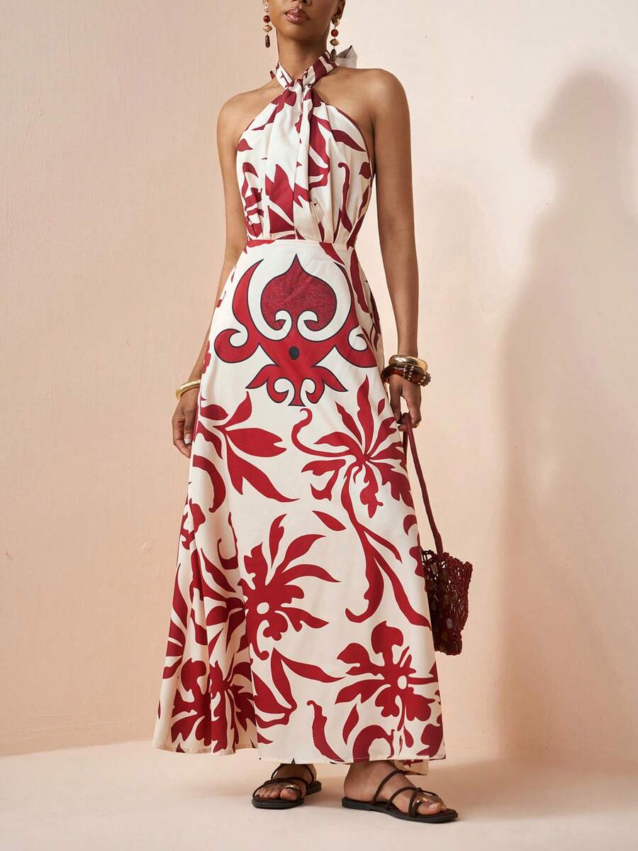 Zivah Vestido largo con estampado floral rojo, escote halter, detalle de volantes en el bajo y cierre delantero para mujer, ideal para vacaciones, fiestas, bodas, paseos, cruceros, playa, etc. - Rojo - Ver 1