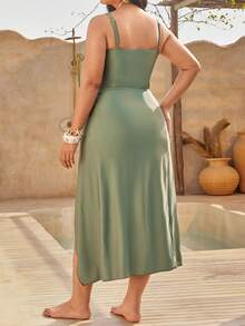 Swim Oasis 2026 New Spring/Summer Plus Size Women's Fashionable One-Piece Swimsuit With Starfish Decor, Paired With Skirt, Slimming Vacation 2-Piece Set - Army Green - View 10
