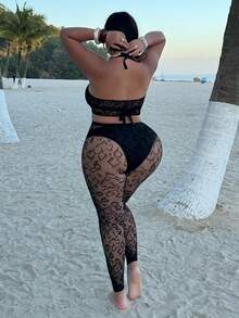 Swim SXY 女士性感镂空无袖罩衫套装 - 黑色 - 查看 2