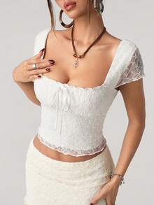 SHEIN ICON Lace Patchwork Square Collar Ruched Women Blouse - White - View 4