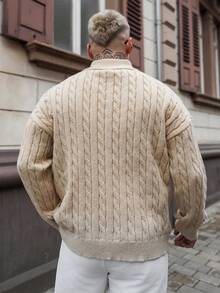 Artur Kramer 男士秋冬拉链半开襟时尚针织套头毛衣，休闲针织麻花针织衫，男士针织四分之一拉链Polo衫，长袖上衣 - 杏色 - 查看 2