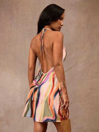 Opulessa Spring/Summer Vacation Woven Printed Halter Backless Bodycon Mini Dress For Women