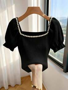 Franclia 2026夏季新品：方领加厚泡泡珠饰收腰短袖上衣，女士款。独特设计，娇小版型，短款T恤，黑色法式罗纹面料。显瘦百搭，适合日常穿着。 - 黑色 - 查看 1