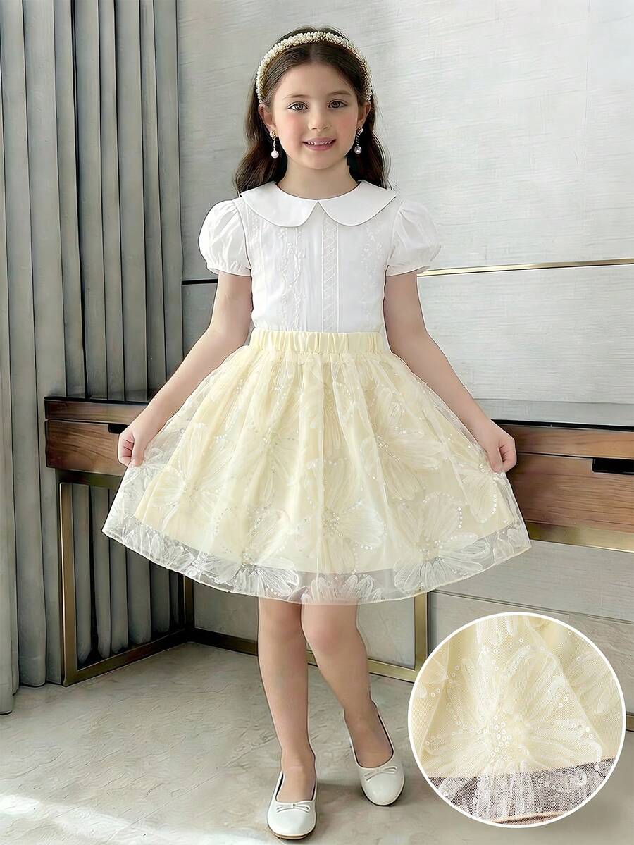 SHEIN Elladie kids 少女甜美优雅刺绣亮片3D立体花卉网纱A字公主裙,日常优雅可爱度假派对百搭之选 - 杏色 - 查看 1