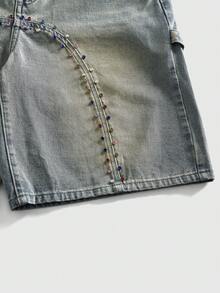 ROMWE MEN Street Life Quần short denim dáng rộng đính kim cương lấp lánh dành cho nam - Rửa nhẹ - Xem 2
