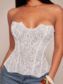 Radiana Women's Sexy Elegant Unique White Lace Embroidered Bustier, Fitted Bandeau Top - White - View 1