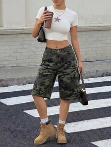 Muchica Women's Casual Camo Print Loose Fit Jeans With Side Pockets, Summer - Multicolor - View 6