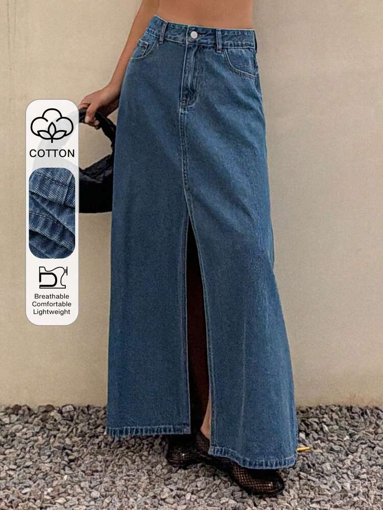Women's Regular Waist Slit Maxi Casual Denim Skirt