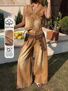 DAZY Conjunto casual de dos piezas con chaleco sin mangas de cuello en V y pantalones vaqueros rectos y sueltos para mujer - Marrón - Ver 1