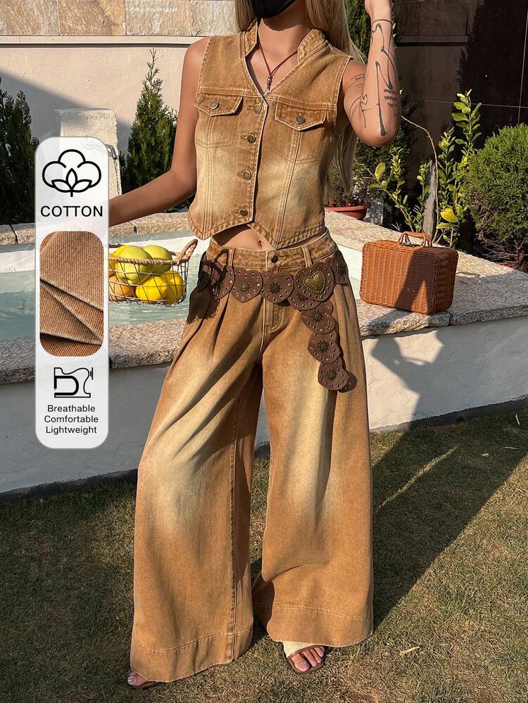 Women's V-Neck Sleeveless Vest And Loose Straight Leg Jeans Two Pieces Casual Street Style Set