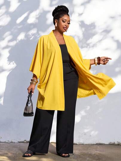 Veslaya 2026 Spring/Summer Plus Size Women's New Music Festival, Easter, Western, Nomadic, Birthday Party, Graduation, College, Student, Daily Casual, Basic, Leisure, Vacation, Cruise Travel, Beach, Sunbathing, Viral Hit, Streetwear, Wedding Guest Boho, Commute, Brunch, Airport, Party, Holiday Outing, Elegant Gala, Dance, Casual, High-End Elegant Yellow Short Sleeve Midi Draped Lightweight Cardigan