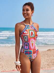 Travachic Women's Tropical Print Halter One-Piece Swimsuit, Vacation & Beach - Multicolor - View 6