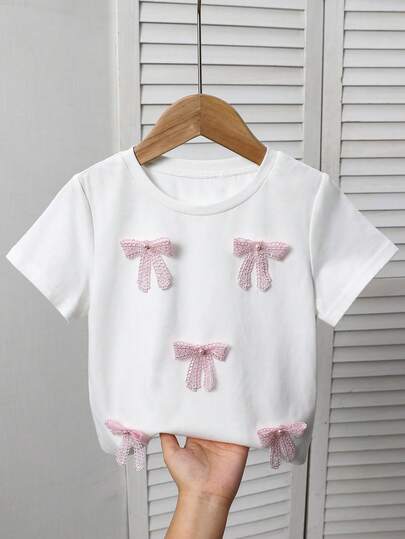 SHEIN 【随机9套，送1套】女童纯色针织蝴蝶结圆领休闲T恤