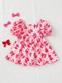 SHEIN Baby Girl Cute Bow Print Petal Sleeve Dress, Summer - Pink - View 2