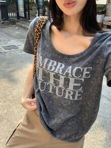 DAZY Women's Slogan Print Round Neck Loose Casual Short Sleeve T-Shirt Summer - Grey - View 8