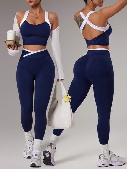 Dewbera 1 Set Navy Blue Seamless Sports Set, Sleeveless Backless, Soft & Comfortable Fitted, Suitable For Workout, Running, Casual, Yoga