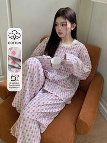 Dazy Plus Plus Size 2pcs/Set Cute Heart Floral Print Casual Contrast Lace Round Neck Loose Long Sleeve Top And Long Pants Pajama Set, Spring/Autumn - Blue - View 1