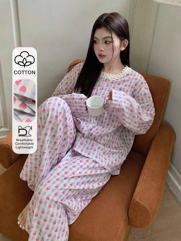 Dazy Plus 2pcs/Set Cute Heart Floral Print Casual Patchwork Lace Round Neck Loose Long Sleeve Top And Long Pants Pajama Set, Spring/Autumn