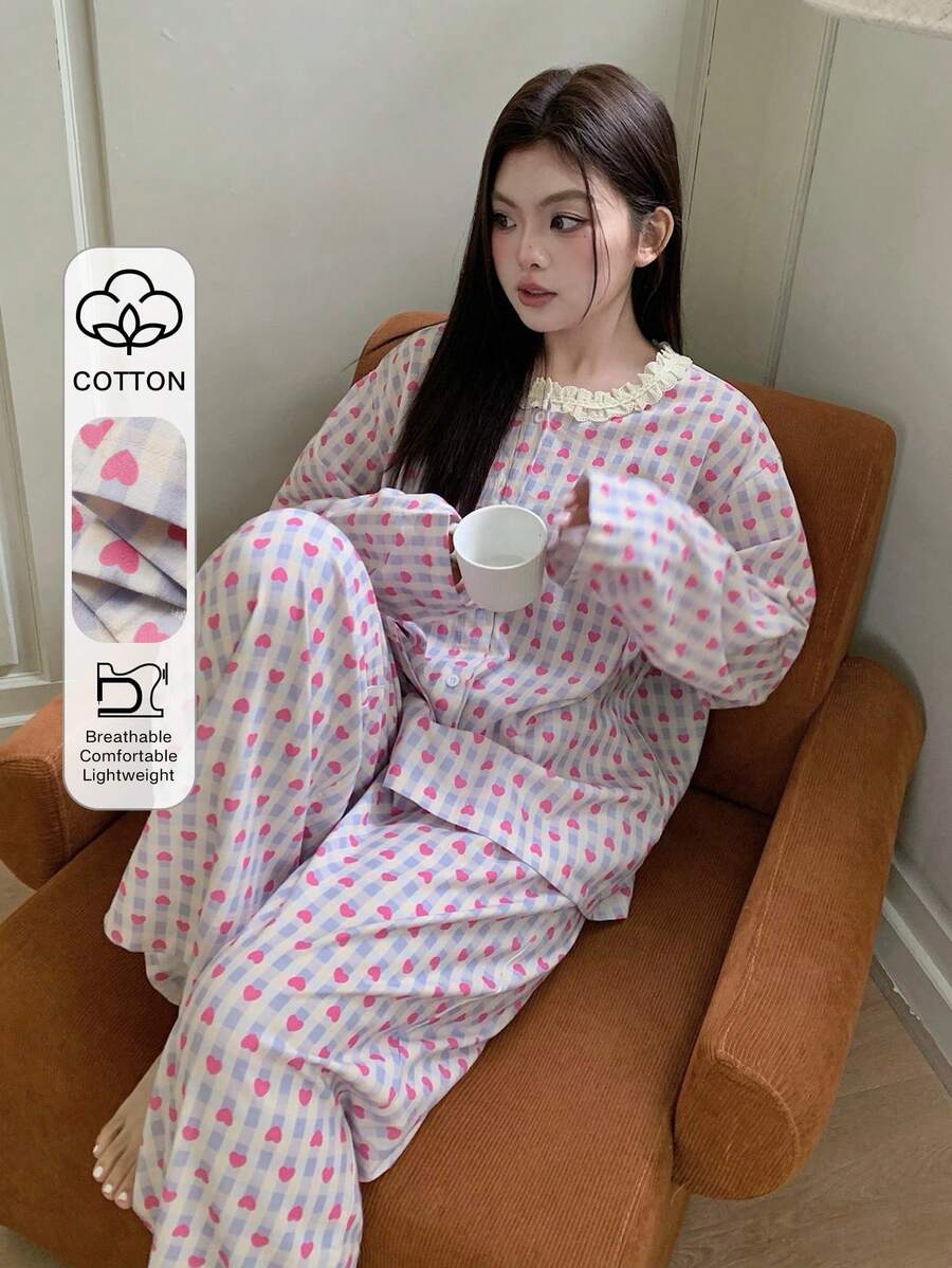 Dazy Plus Plus Size 2pcs/Set Cute Heart Floral Print Casual Contrast Lace Round Neck Loose Long Sleeve Top And Long Pants Pajama Set, Spring/Autumn - Blue - View 1