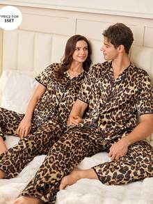 SHEIN Leopard Print Faux Silk Men's Pajama Set - Multicolor - View 1