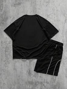 ROMWE MEN Men's Casual Contrast Trim T-Shirt And Shorts Set, Summer - Black - View 3