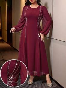 Modelyn 大码水钻装饰优雅圆领长袖连衣裙 - 酒紅色 - 查看 3