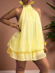 Truni 大码女士雪纺优雅奶油黄露背系带迷你连衣裙，约会之夜连衣裙，夜间外出连衣裙，夏季连衣裙，蜜月套装，婚礼宾客连衣裙，海岛度假连衣裙，婚礼宾客连衣裙，太阳裙，优雅派对连衣裙，生日连衣裙，柠檬黄束腰连衣裙，黄色沙滩装，沙滩度假套装，大码短款黄色连衣裙，层叠荷叶边连衣裙，吊带迷你连衣裙，爱与柠檬水连衣裙，飘逸短款吊带连衣裙，适合梨形和三角形身材 - 黃色 - 查看 4