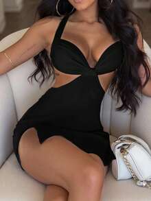 Zyxie 女式时尚休闲简约性感露背开衩迷你连衣裙 - 黑色 - 查看 2