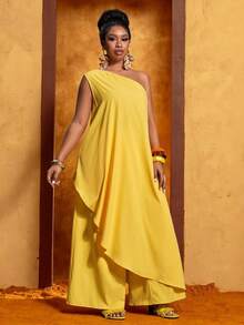 Blusa asimétrica amarilla + pantalón ancho: conjunto talla grande para primavera/verano 2026 - Amarillo - Ver 10