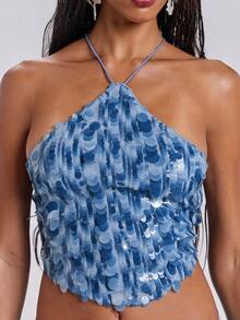 ROMWE Spring/Summer Vacation Style Blue Beaded Halter Neck Sleeveless Top For Women - Blue - View 6