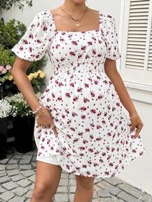 SHEIN Đầm bầu họa tiết hoa nhí thường ngày - Đỏ và trắng - Xem 5