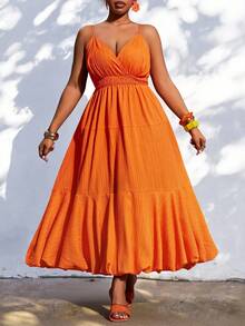 Veslaya 2026春夏新款大码女装，适合音乐节、复活节、西部风、游牧风、生日派对、毕业典礼、大学、学生、婚礼宾客、波西米亚风、通勤、早午餐、机场、派对、假日、优雅宴会、舞会、休闲、高端优雅纯橙色吊带收腰交叉露背荷叶边长裙 - 橘色 - 查看 9