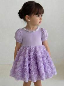 SHEIN Elegantes Baby Mädchen Kleid mit rundem Ausschnitt, Puffärmeln, Perlendekor und 3D Blumen Stoffrock - Mauve - Übersicht 2