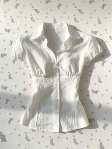 Elamini Women's Casual Retro Spicy Texture Jacquard Waist Cinching Vacation Fitted Short Sleeve Blouse White Blouse See Through Shirt Sexy Blouse - White - View 1