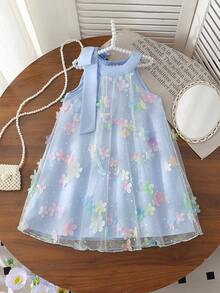 SHEIN Vintaside Kids Toddler Girls' Elegant, Sweet & Cute 3D Heart Mesh Halter Neck Sleeveless A-Line Casual Dress, Suitable For Holidays, Parties, Birthdays, Vacations, Spring/Summer - Multicolor - View 4