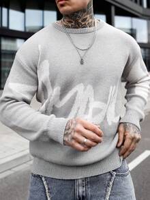 Artur Kramer 男士休闲字母图案圆领长袖针织毛衣，秋冬 - 灰色 - 查看 3