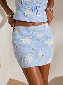 Opulessa Women's Elegant Floral Sequin Embroidered A-Line Skirt, Summer - Brown - View 7