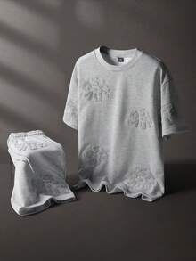 STYNVO 男士印花圆领短袖T恤搭配抽绳短裤，休闲日常穿搭 - 灰色 - 查看 3