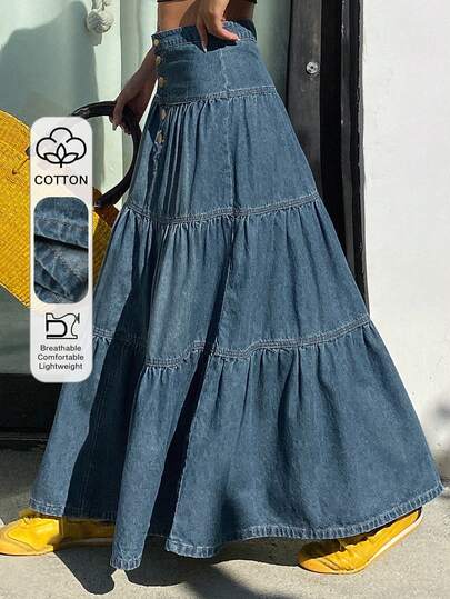 DAZY Women's Regular Waist Single-Breasted Decorative Elegant Cake Skirt, Casual Denim Maxi Skirt