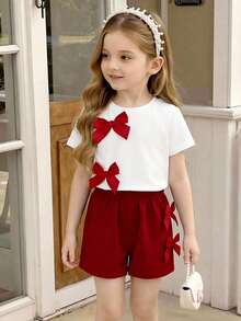SHEIN Elladie kids 2件組少女夏季生日套裝，可愛復古紅白圓領短袖T恤搭配3D蝴蝶結裝飾與鬆緊腰短褲套裝 - 紅白色 - 查看 3